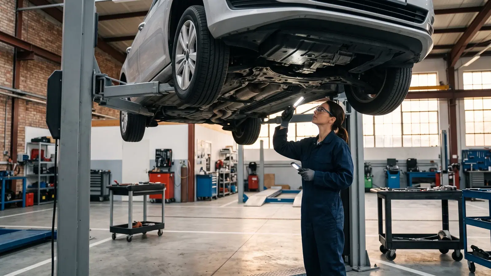 Serviser pregledava podvozje rabljenog automobila na dizalici