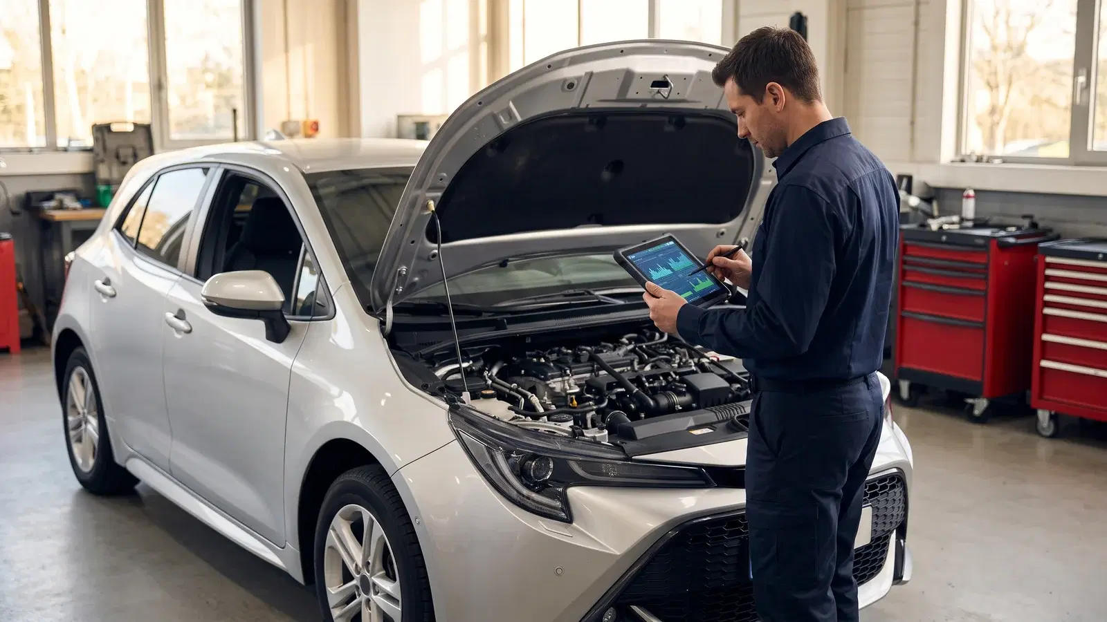 AI ilustracija servisera s dijagnostičkim tabletom uz rabljeni hibridni automobil